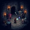 Pixel-art warrior fighting skeletons in a dark dungeon maze filled with treasure and monsters
