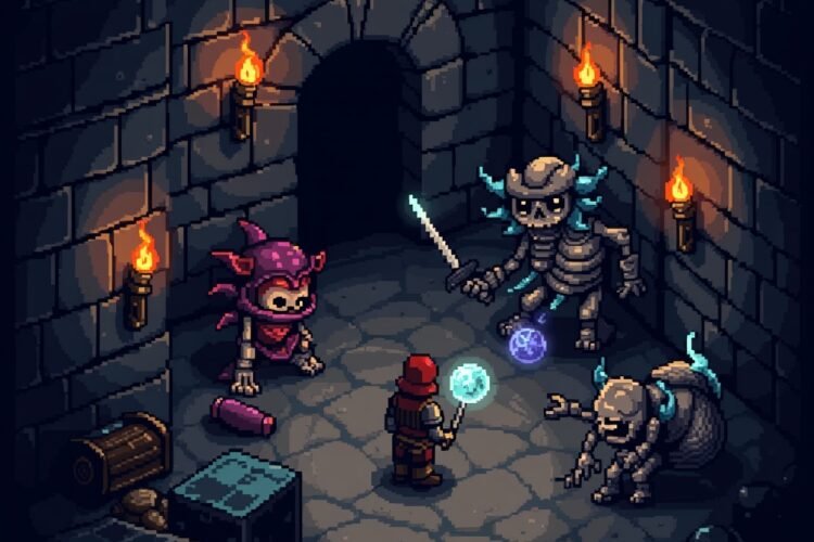 Pixel-art warrior fighting skeletons in a dark dungeon maze filled with treasure and monsters