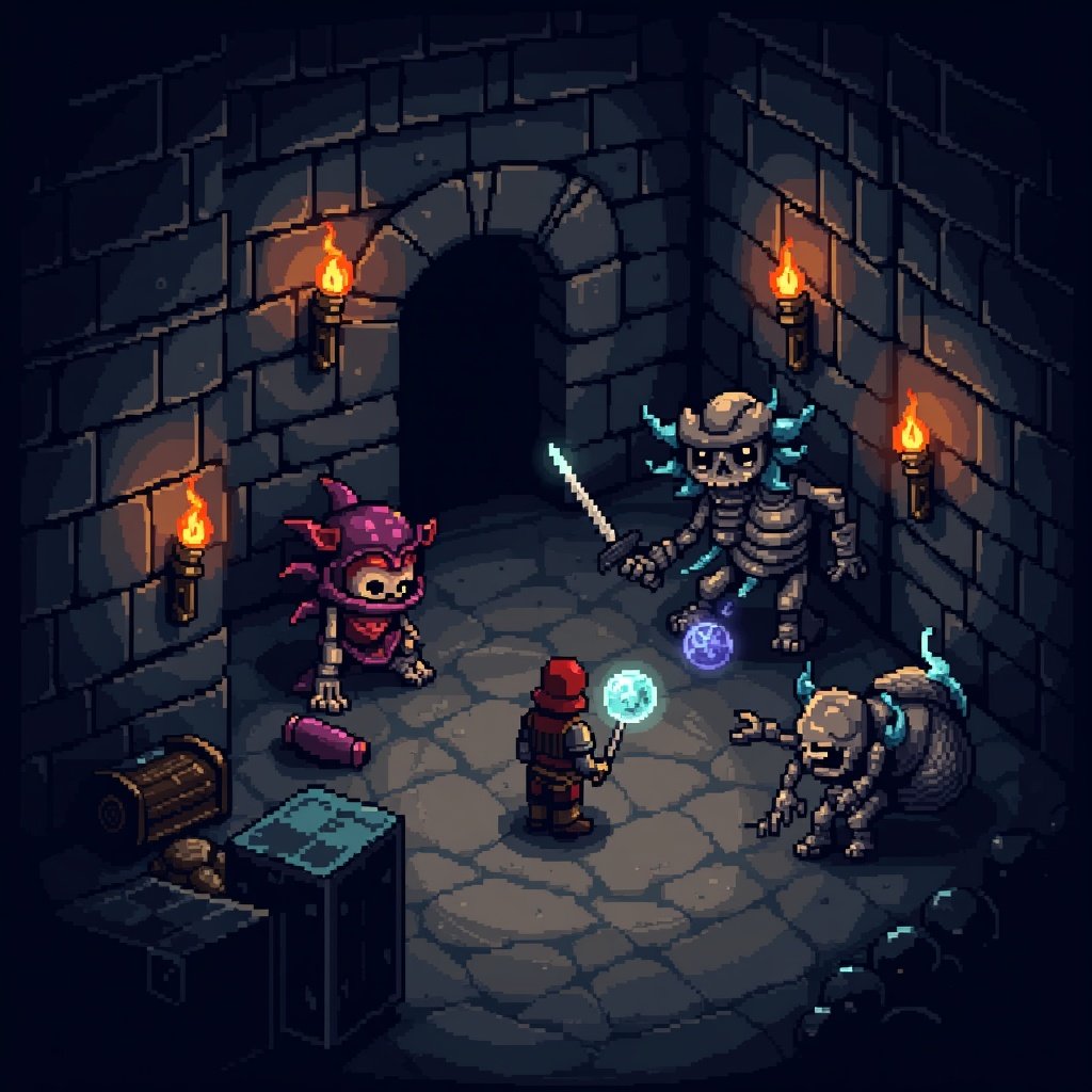Pixel-art warrior fighting skeletons in a dark dungeon maze filled with treasure and monsters