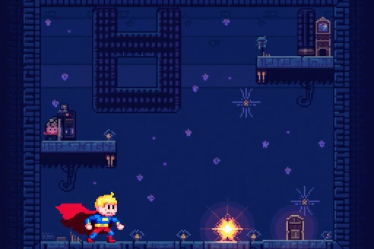 Pixel superhero navigating a reversed-control puzzle world in a retro platform game