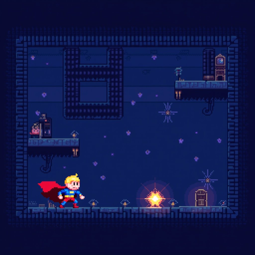 Pixel superhero navigating a reversed-control puzzle world in a retro platform game