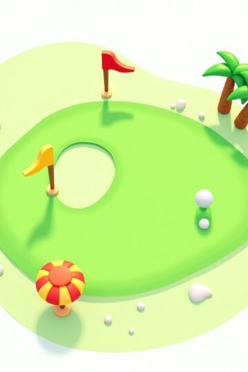 Top-down cartoon-style mini golf game with ball aiming toward a hole on a colorful green course
