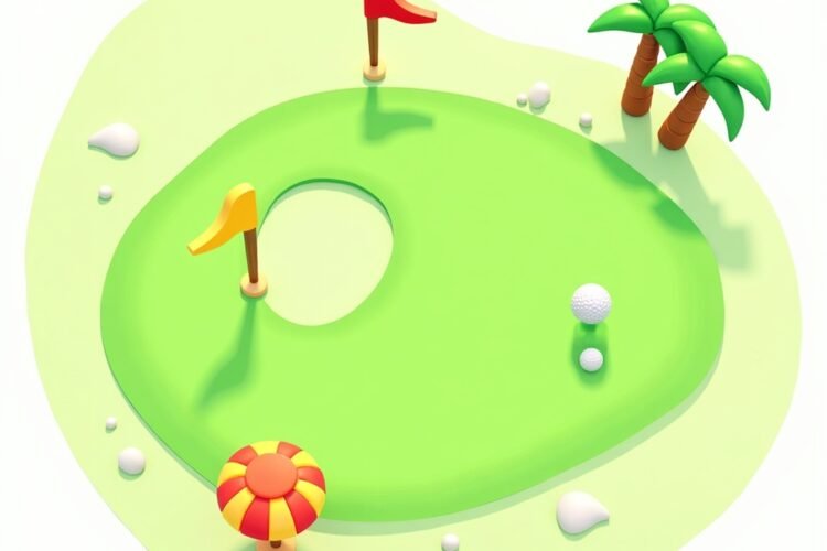 Top-down cartoon-style mini golf game with ball aiming toward a hole on a colorful green course