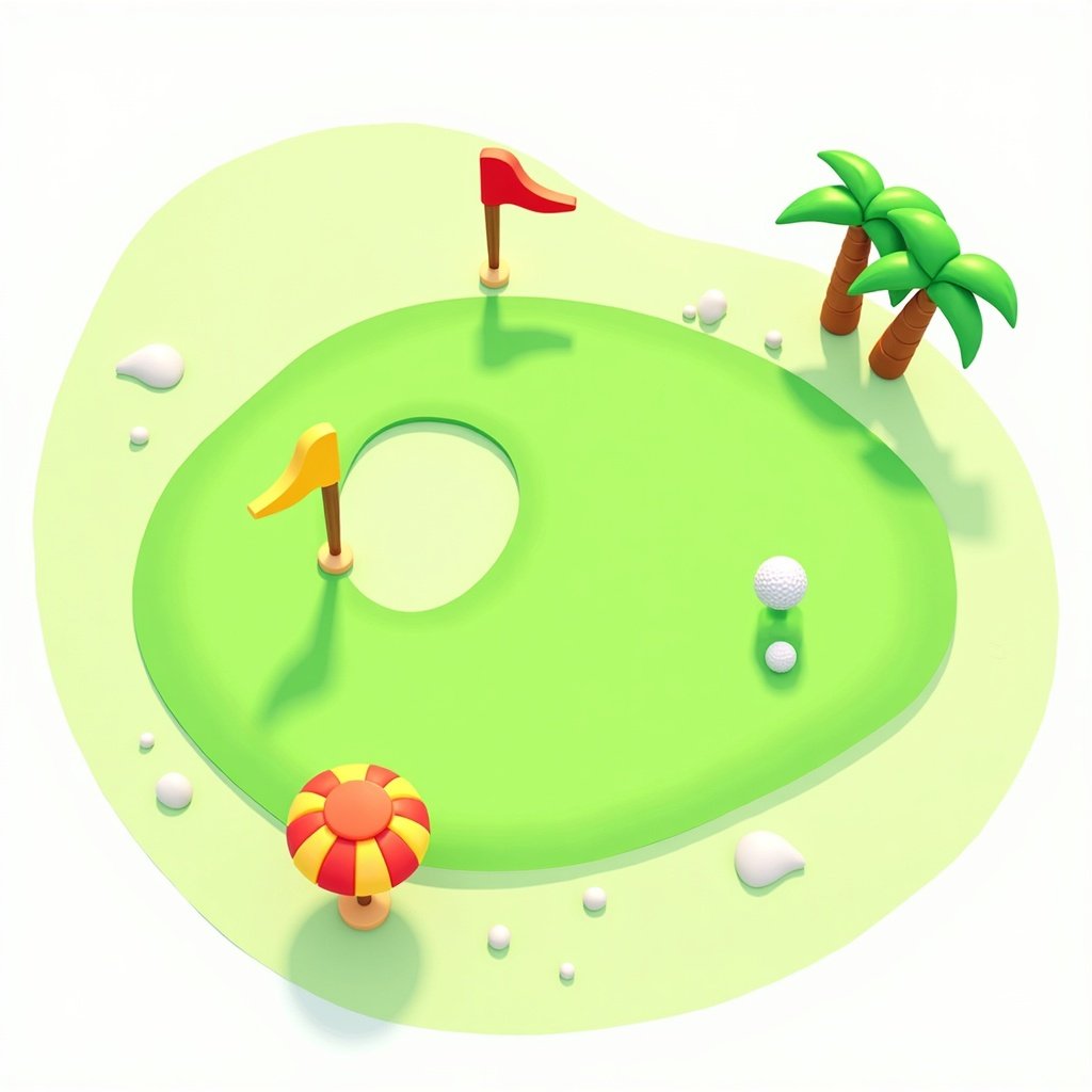 Top-down cartoon-style mini golf game with ball aiming toward a hole on a colorful green course