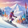 Arcade skiing game with skier gliding through giant slalom flags on a snowy mountain