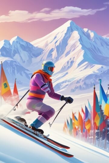Arcade skiing game with skier gliding through giant slalom flags on a snowy mountain