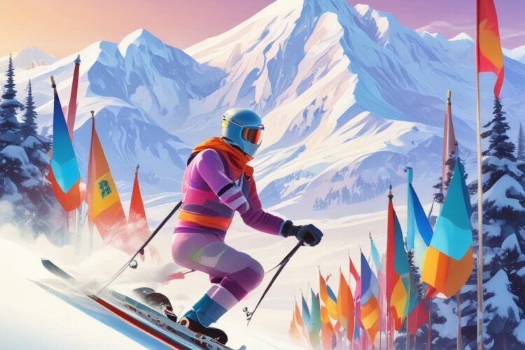 Arcade skiing game with skier gliding through giant slalom flags on a snowy mountain