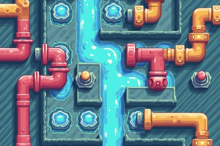 Grid puzzle game showing colorful pipes connected to guide flowing liquid