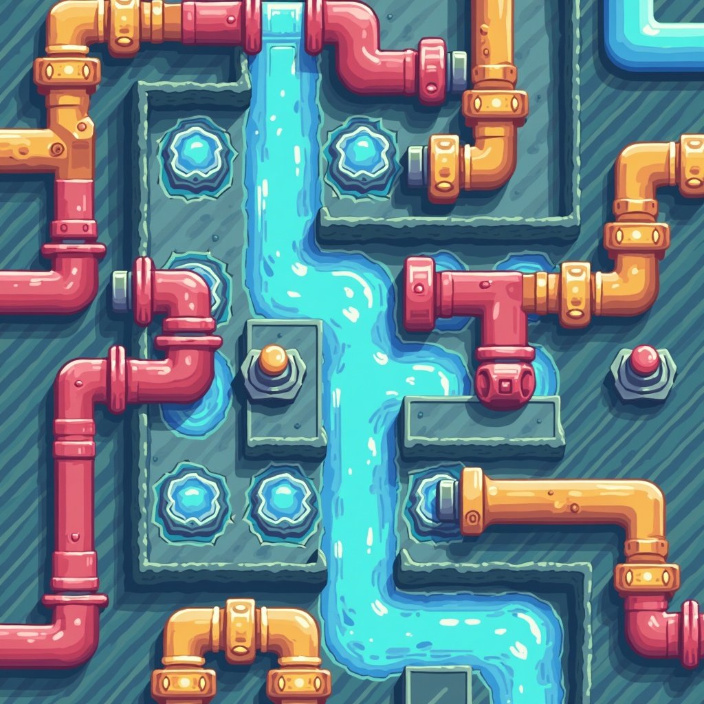 Grid puzzle game showing colorful pipes connected to guide flowing liquid