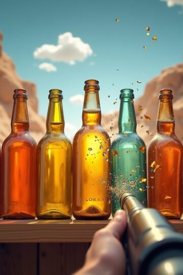 Arcade bottle shooting game showing colorful glass bottles breaking on a wooden shelf