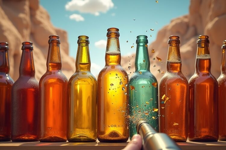 Arcade bottle shooting game showing colorful glass bottles breaking on a wooden shelf