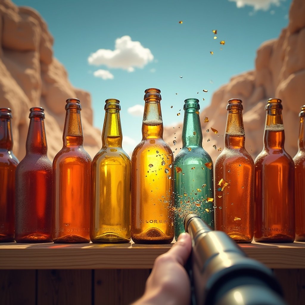 Arcade bottle shooting game showing colorful glass bottles breaking on a wooden shelf