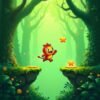 Arcade jungle jump game with cartoon character leaping between platforms in a green forest