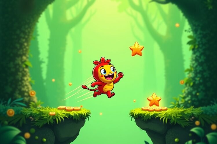 Arcade jungle jump game with cartoon character leaping between platforms in a green forest