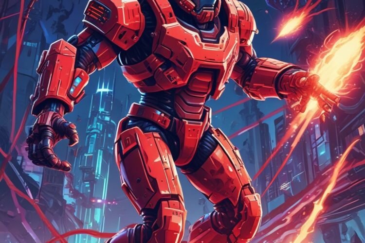 Futuristic pixel soldier shooting robots in a side-scrolling sci-fi battlefield