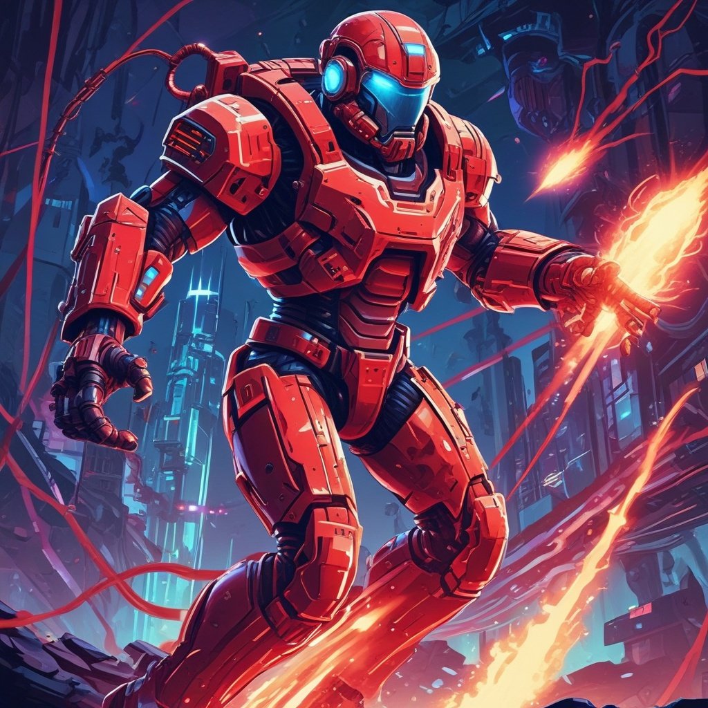 Futuristic pixel soldier shooting robots in a side-scrolling sci-fi battlefield