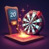 Cartoon-style arcade darts game with dart hitting number 20 on colorful dartboard