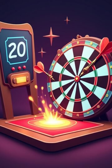 Cartoon-style arcade darts game with dart hitting number 20 on colorful dartboard