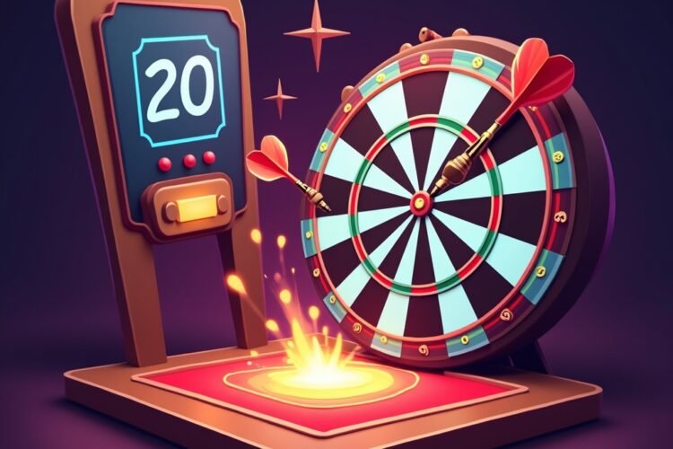 Cartoon-style arcade darts game with dart hitting number 20 on colorful dartboard