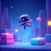 Robot character flipping mid-air over glowing platforms in a futuristic arcade-style environment