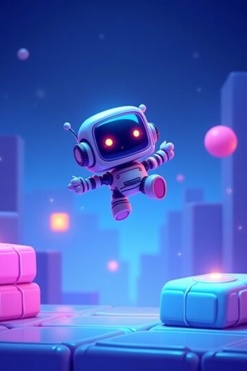 Robot character flipping mid-air over glowing platforms in a futuristic arcade-style environment