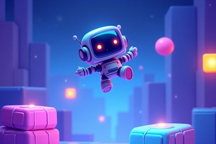 Robot character flipping mid-air over glowing platforms in a futuristic arcade-style environment