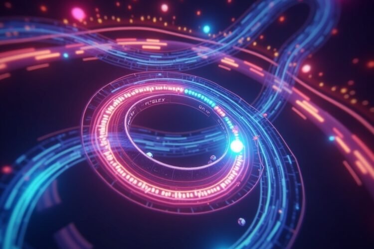 3D glowing ball racing along a spiral track, collecting colorful orbs in an arcade game