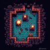 Top-down maze with a bomber character placing bombs near breakable walls in a retro arcade game