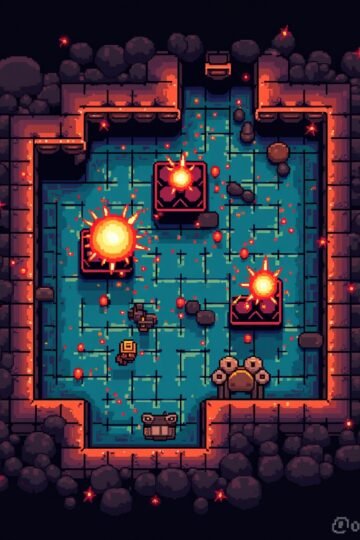 Top-down maze with a bomber character placing bombs near breakable walls in a retro arcade game