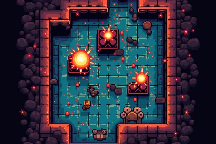 Top-down maze with a bomber character placing bombs near breakable walls in a retro arcade game
