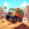 Cartoon-style cargo truck driving on bumpy terrain with crates loaded on the back and mountains in the background