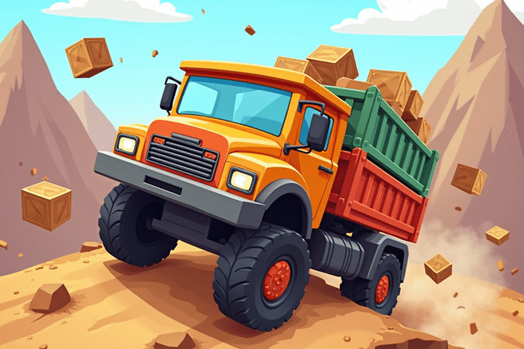 Cartoon-style cargo truck driving on bumpy terrain with crates loaded on the back and mountains in the background