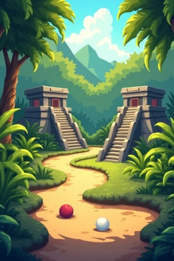 Arcade-style Mayan golf game with jungle background and ancient stone course