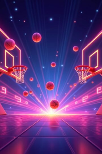Arcade-style dunk balls game with glowing balls falling into colorful moving hoops