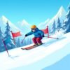 Arcade skiing game with skier racing between red and blue slalom flags on snowy mountain
