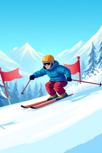 Arcade skiing game with skier racing between red and blue slalom flags on snowy mountain
