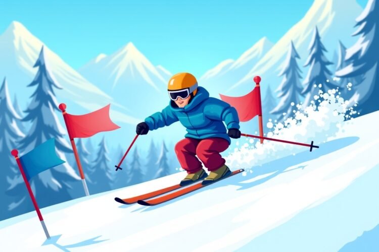 Arcade skiing game with skier racing between red and blue slalom flags on snowy mountain