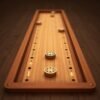 Wooden shuffleboard game with pucks sliding into scoring holes on a realistic board