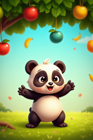 Cartoon panda catching falling fruits in a colorful arcade-style background