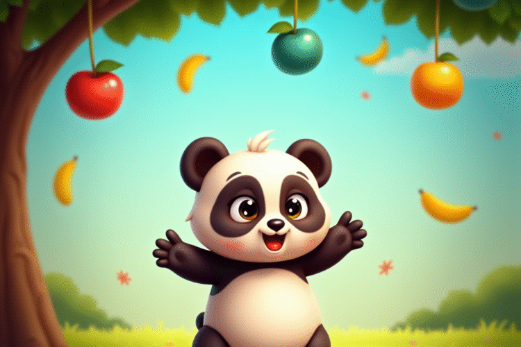 Cartoon panda catching falling fruits in a colorful arcade-style background