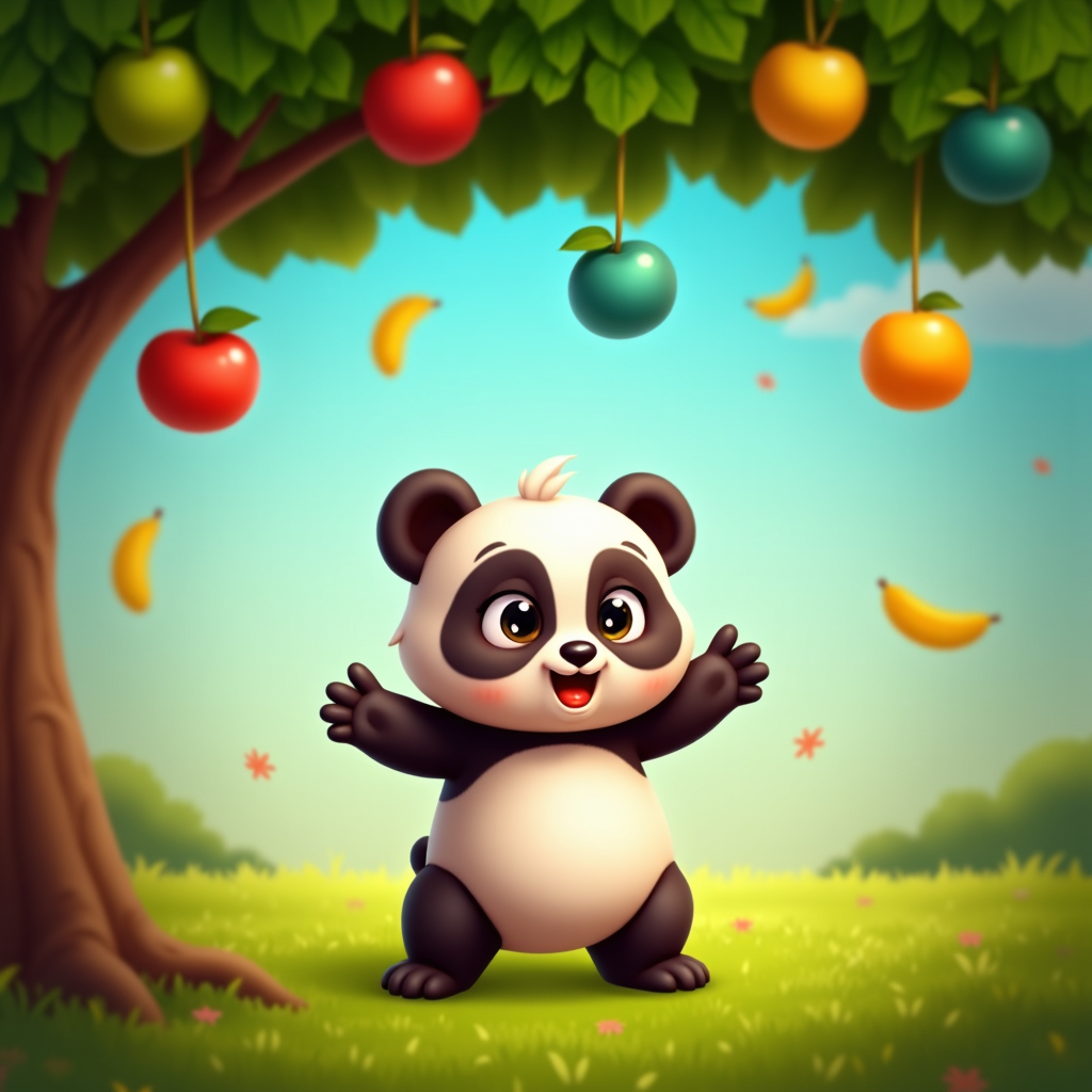 Cartoon panda catching falling fruits in a colorful arcade-style background