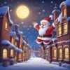 Cartoon Santa flying between snowy chimneys in a festive pixel-style arcade game