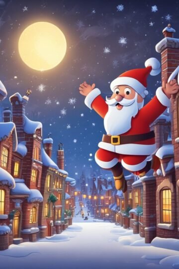 Cartoon Santa flying between snowy chimneys in a festive pixel-style arcade game