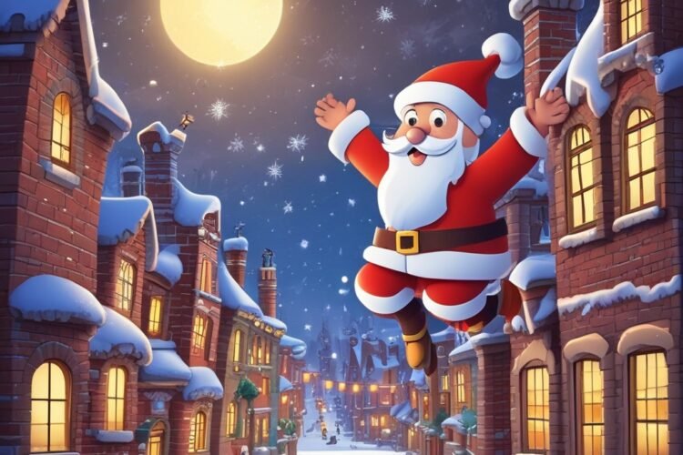Cartoon Santa flying between snowy chimneys in a festive pixel-style arcade game