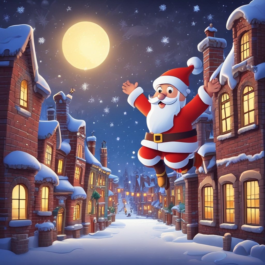 Cartoon Santa flying between snowy chimneys in a festive pixel-style arcade game