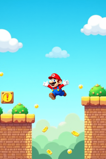 Mario-style character jumping on colorful platforms in a vertical arcade game with coins and sky background