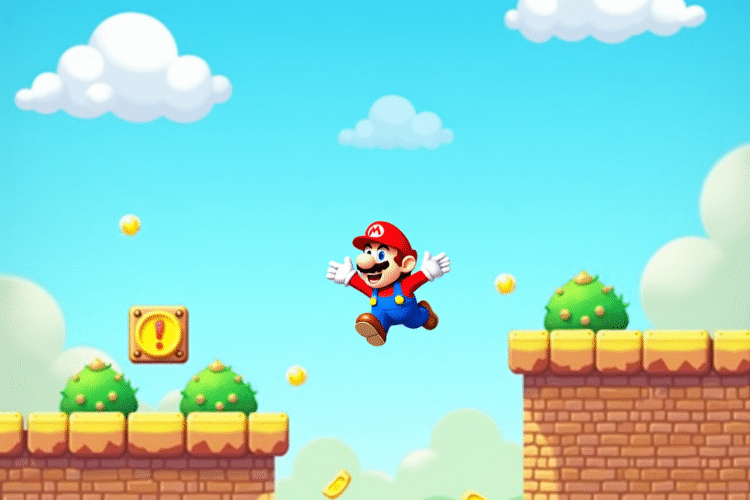 Mario-style character jumping on colorful platforms in a vertical arcade game with coins and sky background
