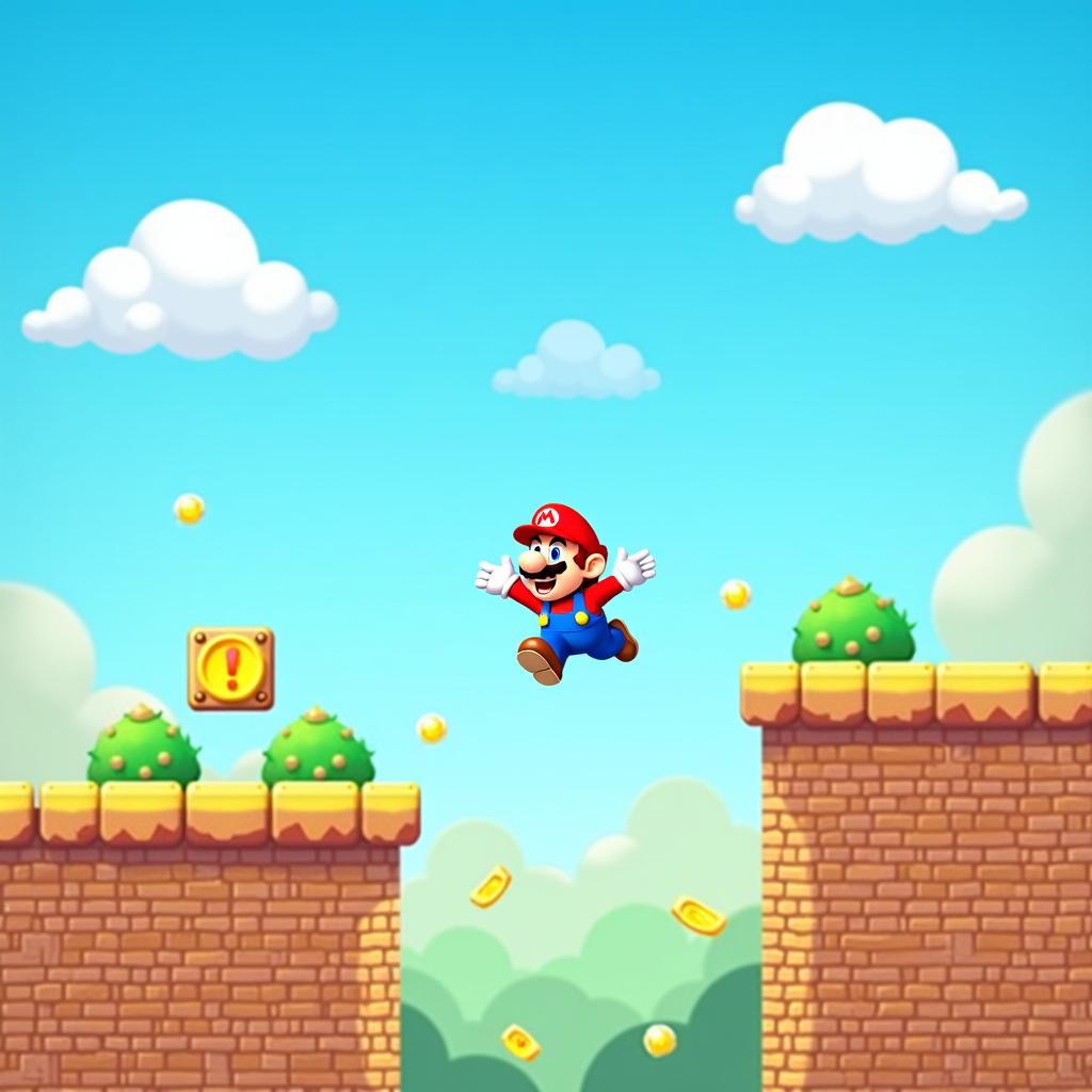 Mario-style character jumping on colorful platforms in a vertical arcade game with coins and sky background