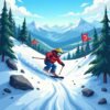Arcade downhill racing game with cartoon character dodging trees and rocks on a snowy slope