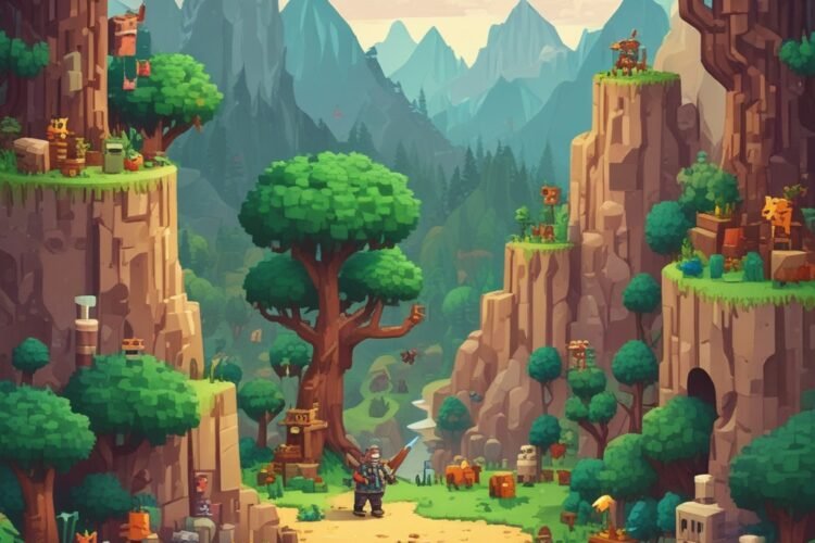 Pixel survival game with a blocky character chopping wood and exploring a forest